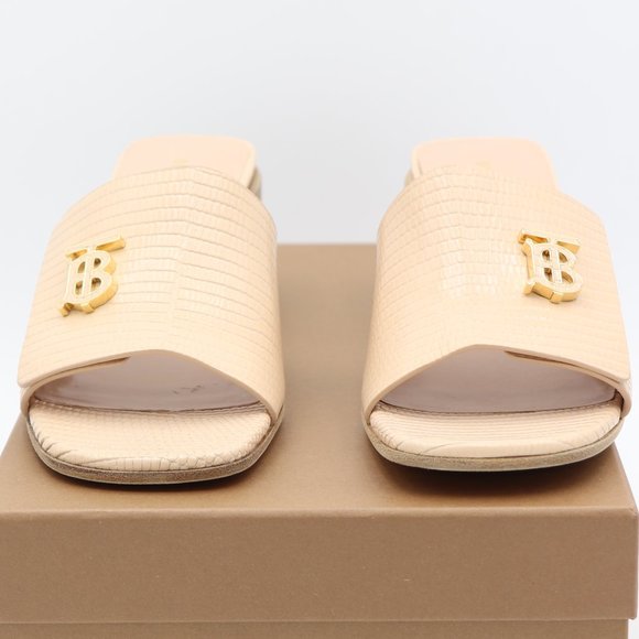 NIB Burberry Winnie Lizard Embossed Nude Leather Mule Slide Sandals - Picture 2 of 12